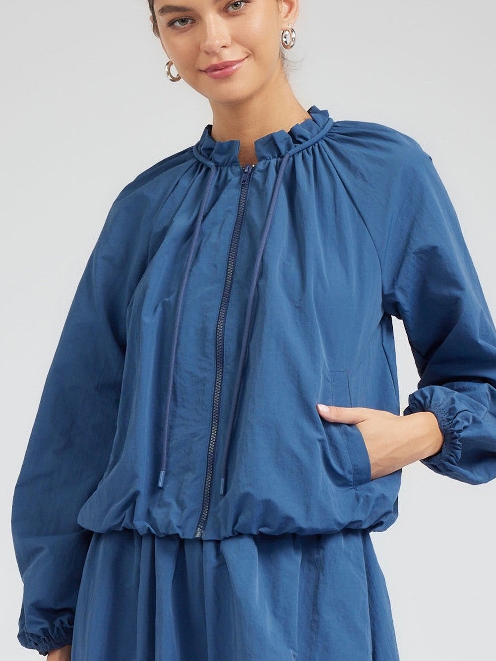 Current Air Blue Ruffle Neck Zip Up Bubble Hem Jacket XS Lightweight